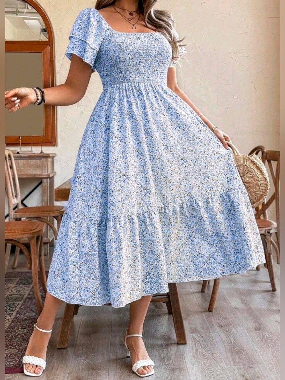 New Flirty Floral Tiered Ruffle Sleeve Smocked Midi Dress PLUS Blue White